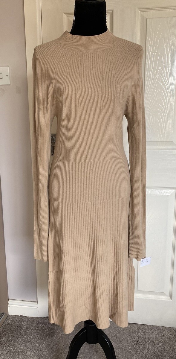 Replay Maxi Long Sleeve Knitted Ribbed Jumper Dress Beige Brown Wool Blend  Large