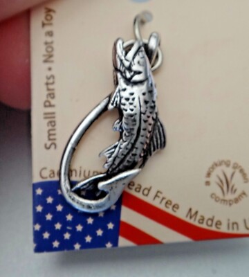 21x10mm Fisch Fliegenfischen Haken mit einem großen Barsch Fisch Sterlingsilber Charm