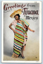 BC Mexico Postcard Greetings from Tijuana Woman with Big Hat c1930's