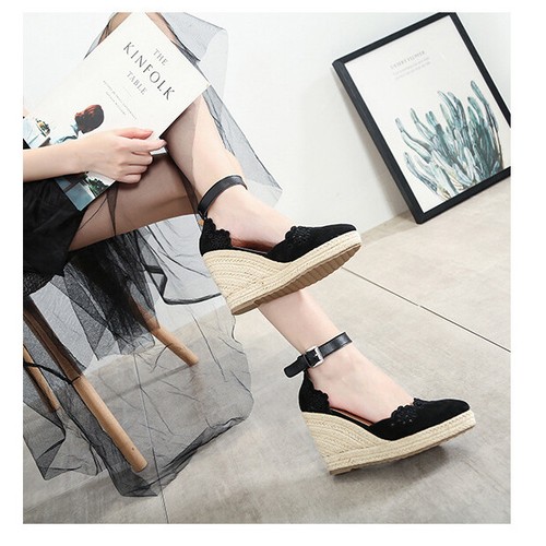 Alpargata De colección Cuñas Tacón Correa al tobillo D'orsay Gamuza Negro Beige Zapatos para Mujer - Imagen 21 de 32