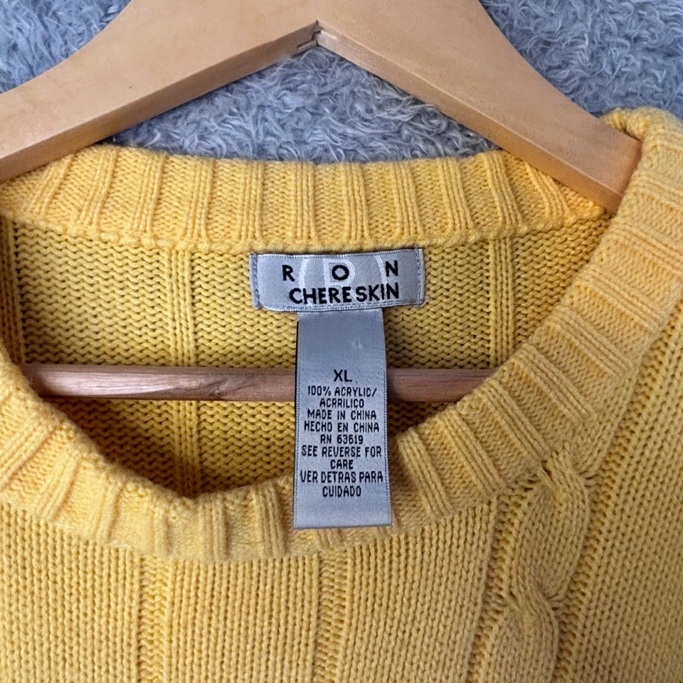 Vtg RON CHERESKIN Yellow XL Acrylic Crewneck Cable Knit Fisherman Sweater - Image 3 of 4
