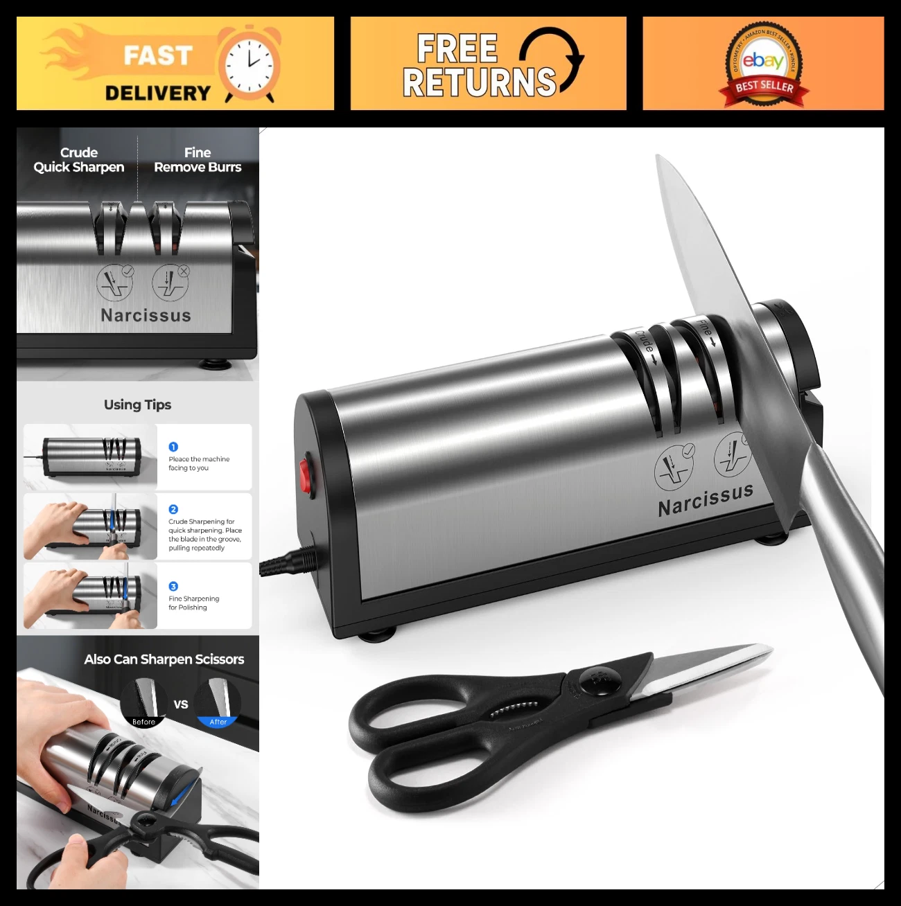 2 Stage Electric Knife Sharpener & Scissors Sharpener, Quick Polishing, Stainles