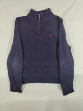 Polo Ralph Lauren Sweater Men's Large 1/4 Zip Knit Pony Logo Blue 100% Cotton