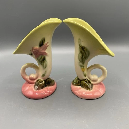 Vtg Pair HULL Art Pottery Cornucopia Vase Woodland Wildflower - W2-Height 5 1/2"