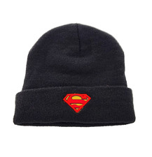 Superman Man of Steel Logo Black Cotton Cuffed knit Beanie Embroidered Logo NEW