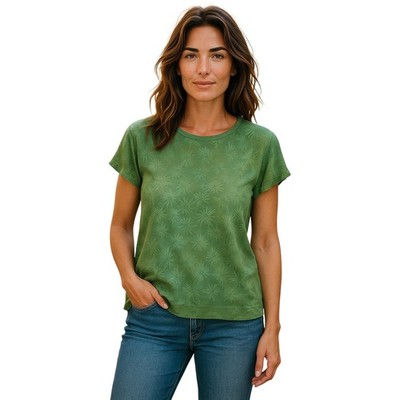 S Edge Women's Short Sleeve Tropical Floral Astor Pullover Top Size L Green NWT