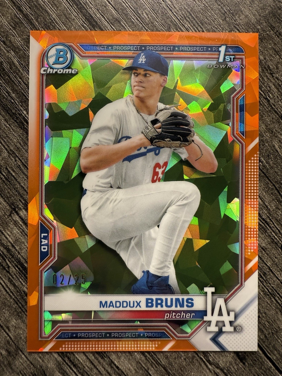 Maddux Bruns 2021 Bowman Draft Sapphire Orange Refractor /25 Los Angeles Dodgers