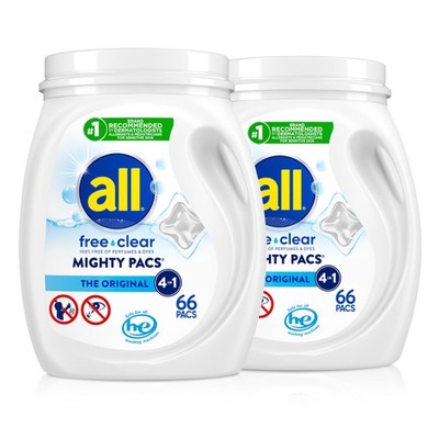 all Unit Dose Laundry Detergent, Mighty Pacs, 66 Count (Pack of 2), Clear 