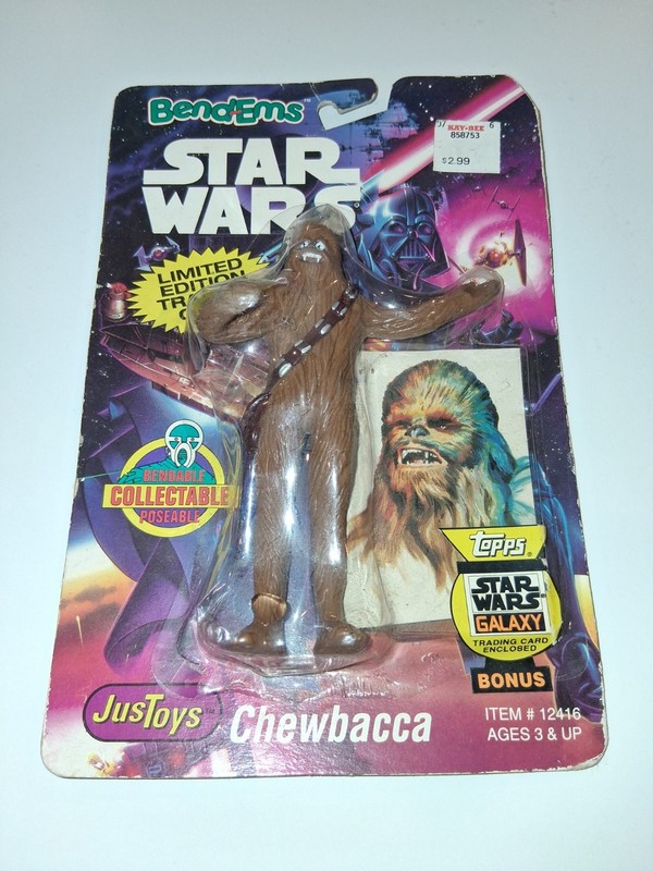 1993 JUS TOYS LUCAS FILMS BEND EMS CHEWBACCA FIGURE W/TOPPS CARD BOX W/WEAR