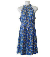 J. Crew Tie Halter Midi Blue White Yellow Summer Dress. Women Juniors Size 4