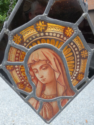 Antiguo panel de vidrieras retrato religioso de Virgen - Imagen 1 de 7