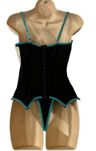 Popsi Lingerie Two Piece Black Teal Lingerie Set Size Med Corset Rhinestones Adj - Picture 5 of 9