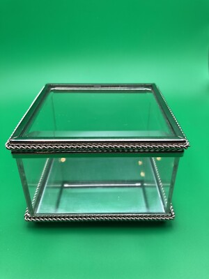 Silver Toned Beveled Glass Mirror Footed Jewelry Box Vintage Sheridan
