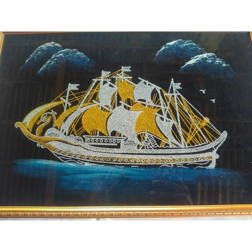 Black Velvet Art Vintage Framed Sri Lanka Handmade Acrylic Painting Sailing Ship - Picture 4 of 6