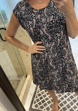 Loft women's M Blue Pink  floral Stretch Knit Swing A-Line Dress Sleeveless  New