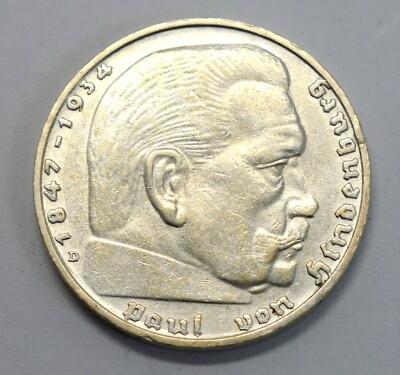 GERMANY 2 REICHMARK 1936 D HINDENBURD RARE DATE OLD SILVER COIN