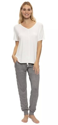 Felina Casual Comfort PJ Set Short Sleeve Top & Jogger (Egret/Blk-wht , X-Large)