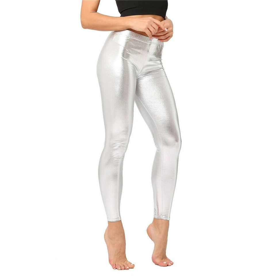 Special Leggings Sexy Metallic Trousers Shiny Ankle Grazer Faux Leather Top Legs - Image 4 of 4