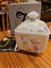 BRAND NEW!! Fenton Art Glass Hand Painted Square Box with Lid on Pedestal A28