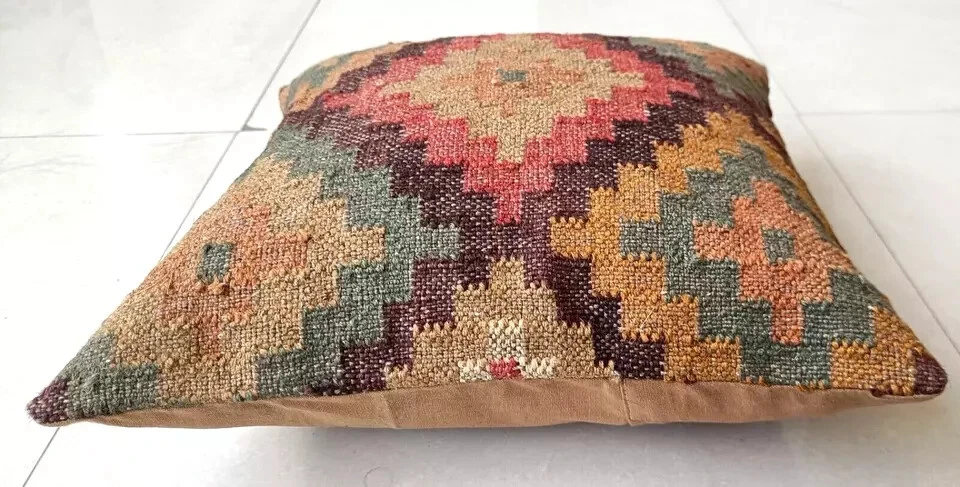 Indian Jute Kilim Cushion Cover Throw Pillow 18" Square Home Decor Handmade Wool - Image 2 of 4