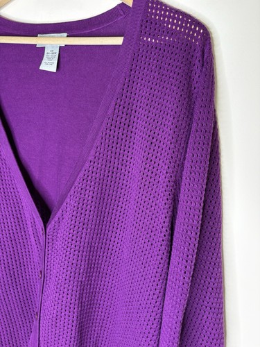 Catherines Cardigan Sweater Size 3X Purple Open Knit 3/4 Sleeves Button Up 26/28 - Picture 2 of 8