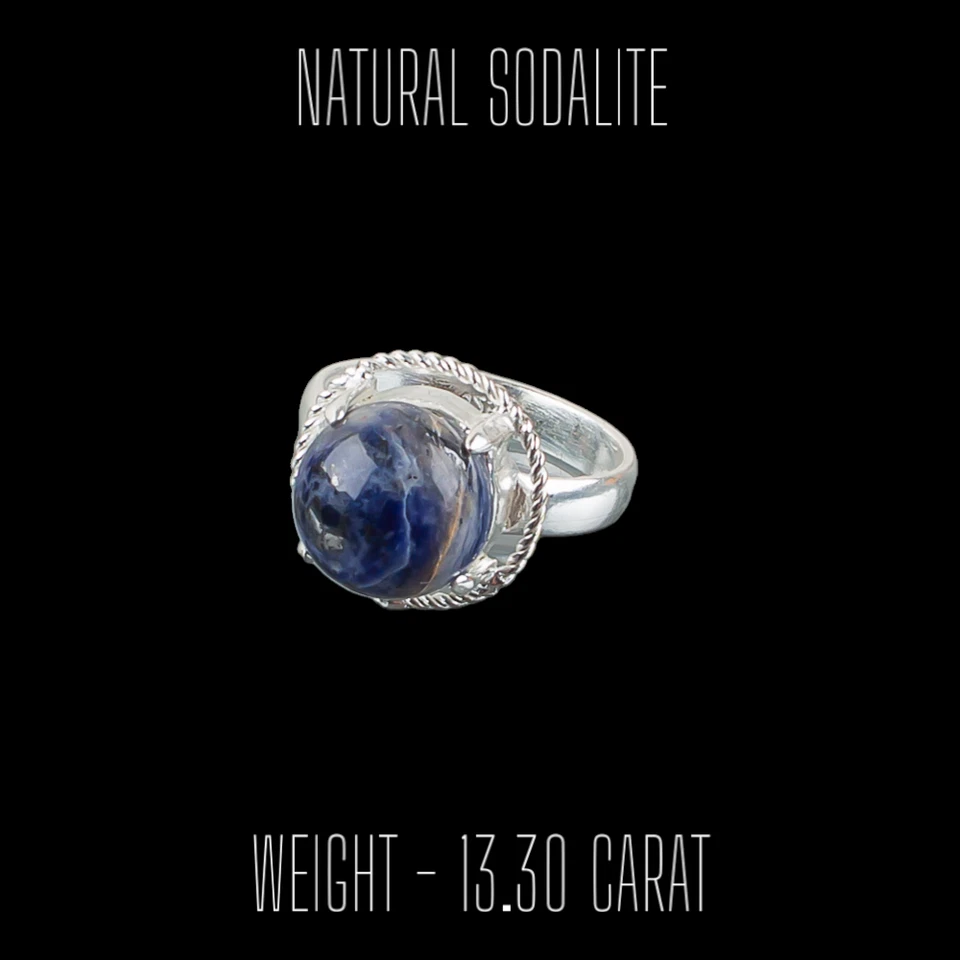Lindo anillo de piedras preciosas naturales de sodalita para mujer de plata de ley 925 regalo Foto 2 de 4