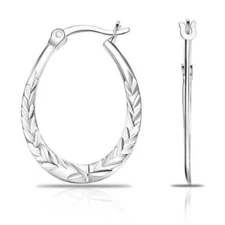 925 Solid Sterling Silver Floral Diamond-Cut Oval Creole Hoop Earrings Flat Hoop