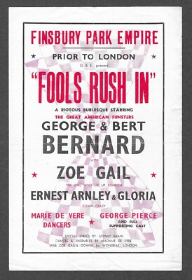 FINSBURY PARK EMPIRE FOOLS RUSH IN ZOE GAIL GEORGE PIERCE PROGRAMME/FLYER 