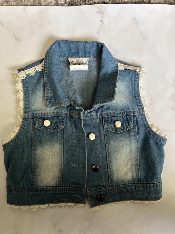 Rare Edition Girls Size 8 Denim Vest with Ivory Crochet Trim