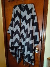 Cashmere 100 Acrylic Black and Gray Poncho Shawl Wrap with fringe
