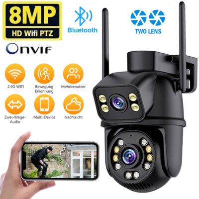 DUAL LENS 8MP FUNK WLAN WIFI IP NETZWERK CAMERA Outdoor AUßEN ÜBERWACHUNGSKAMERA