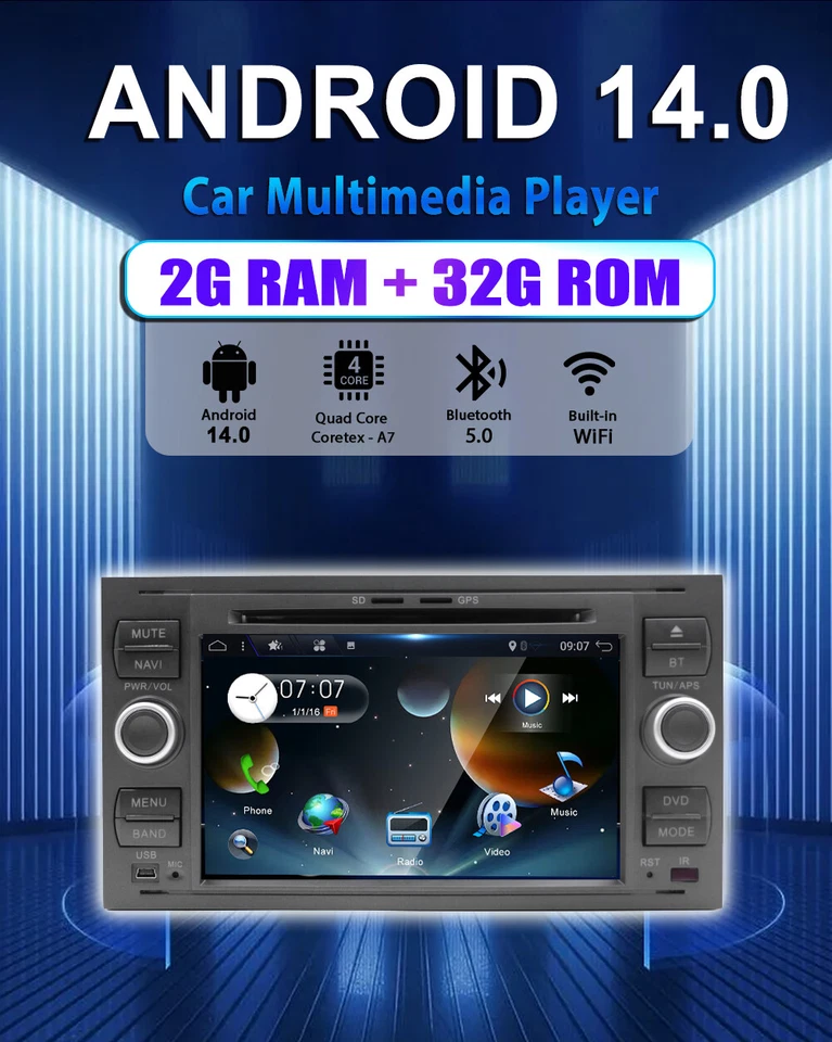 Android 14 Autoradio Per Ford Transit Kuga Fiesta Focus C/S-Max GPS Navi Radio  - Immagine 3 di 4
