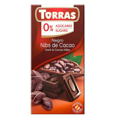 75g Torras Schokolade zuckerfrei Vegan Glutenfrei Negro Nibs de Cacao Dark choco