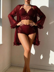 Women&lsquo;s 3 PCS Sexy Lace Flora Tirm Lingerie Set: Slip Top & Short & Robe