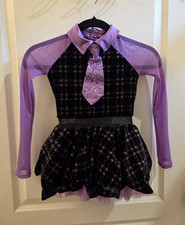 Weissman Girls Black Purple Long Sleeve Dance Costume w/ Sequin Tie, IC