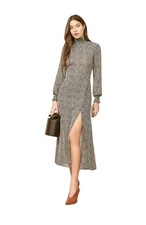 REFORMATION Black White Floral Print GEORGINA Turtleneck Crepe Slit Midi Dress 2