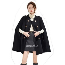 Womens Double Breasted 100 Woolen Cape Cloak Mid Long Coat Overcoat Spring Chic