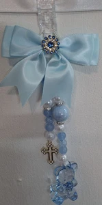 Pram charms*new*boys Clear Crystal Dummy With Mixed Beads Blue Bow Silver Cross 