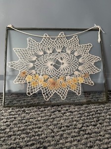 Vintage Custom unique metal Framed Crocheted Lace pressed floral Decor