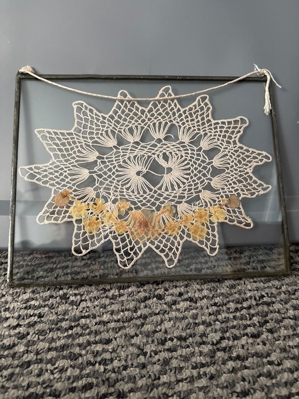 Vintage Custom unique metal Framed Crocheted Lace pressed floral Decor