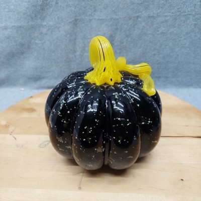 Hand Blown Glass Pumpkin Black with White Speckles Yellow Stem Art Glass Glows