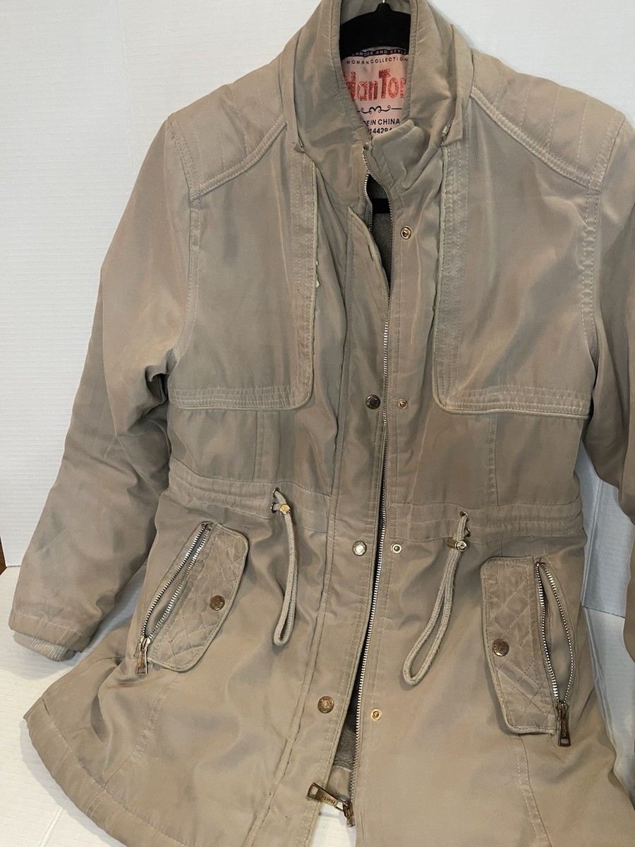 HanTon Beige Parka Jacket, Removable Faux Fur Hood, Drawstring, Pockets Size S View 3