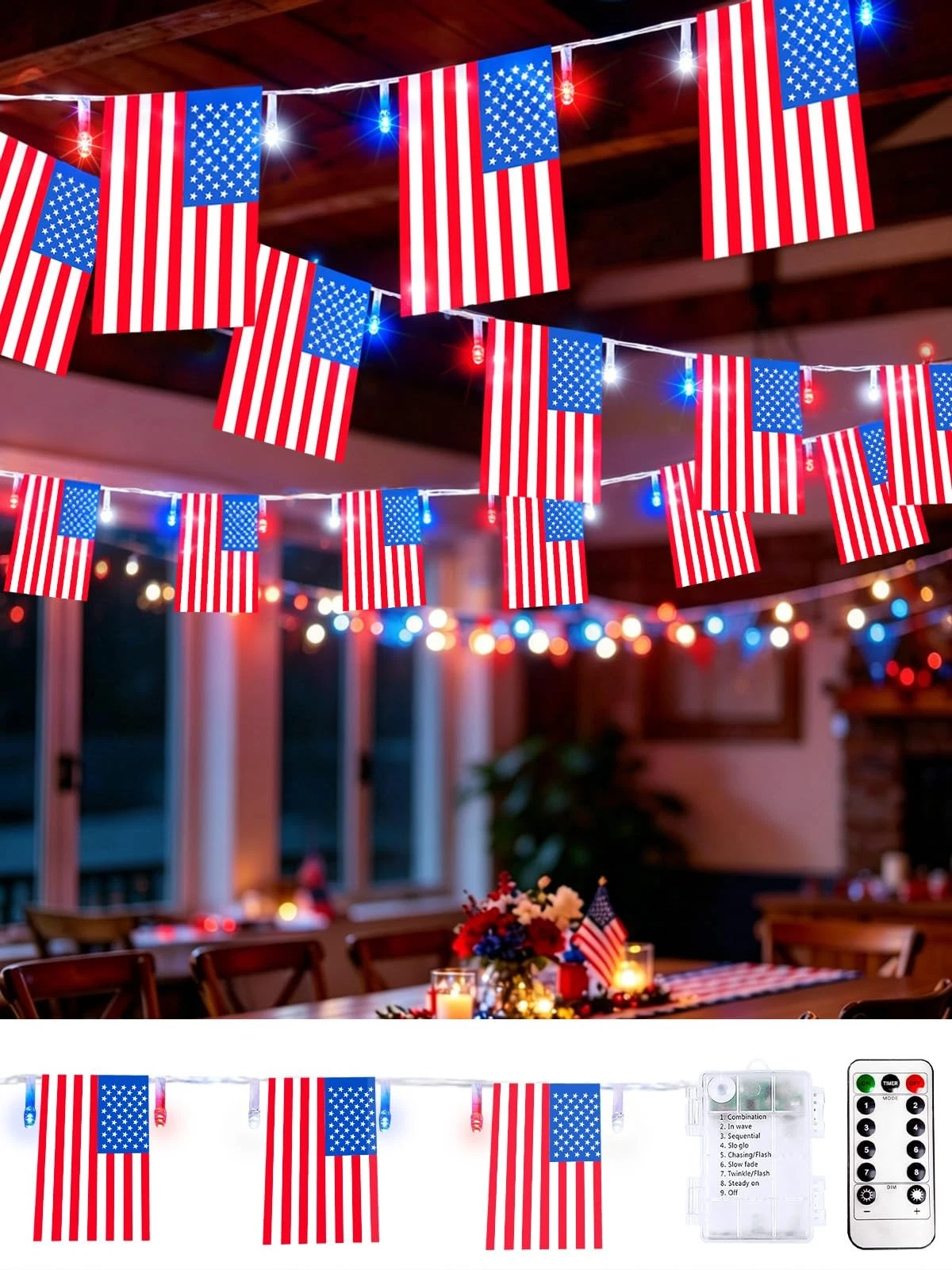 4th of July Decoration, 24FT 50LED Red 1 pack 50 LED 25 Flags, Blue White