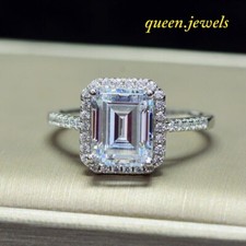 Lab-Created 3CT Emerald Cut Diamond Engagement Halo Ring 14K White Gold Finish