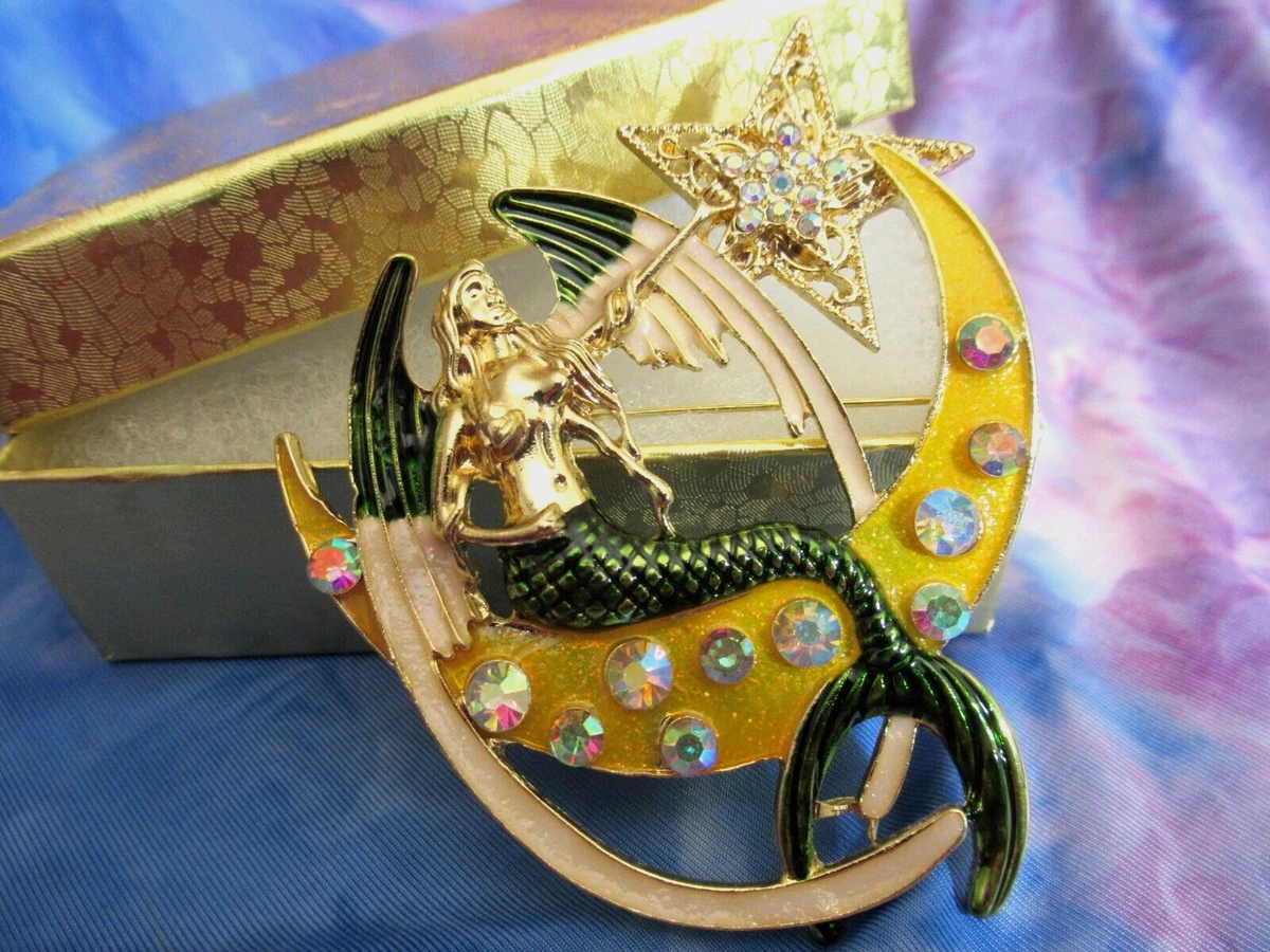 BEAUTIFUL ENAMEL & CRYSTAL MERMAID ANGEL SEA SIREN MOON & STARS PIN BROOCH NEW