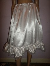 WHITE SATIN PETTICOAT 35" FRILLY HEM LACE TRIM LONG 30-46 WAIST SATIN BOWS