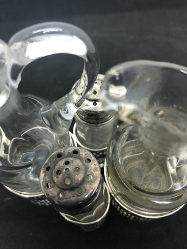 VTG Victorian Crystal and Silver Plate Five Piece Cruet Set Oil Vinegar Shaker - Picture 4 of 8