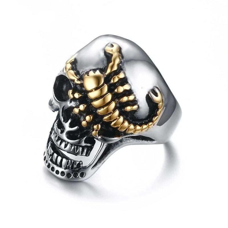 BAGUE CHEVALIERE HOMME ACIER INOX CRANE TETE DE MORT SCORPION