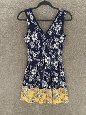Vince Camuto Dress Womens 4P Navy Blue Yellow Floral Sleeveless A-Line V-Neck