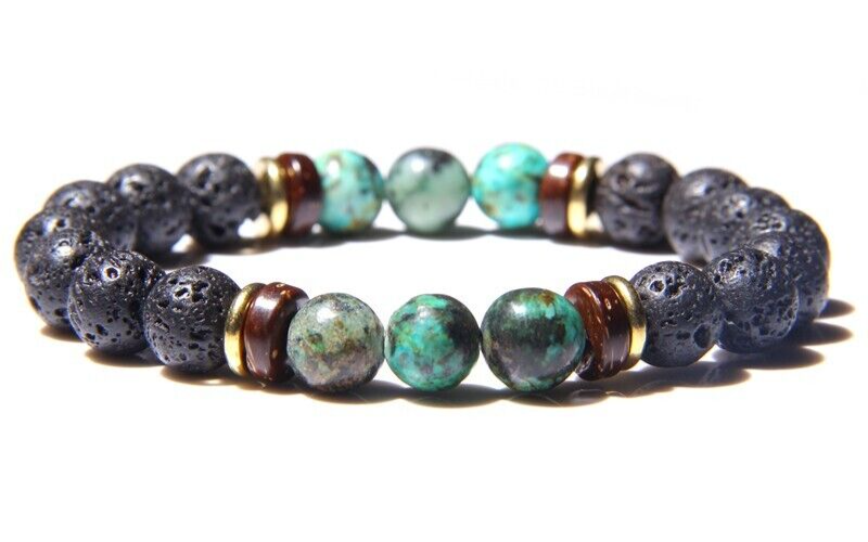 Bracelet Pierres Naturelles Sur Mesure - Jaspe Unakite Et Pierre De Lave - Noir Vert Rose - Fait Main